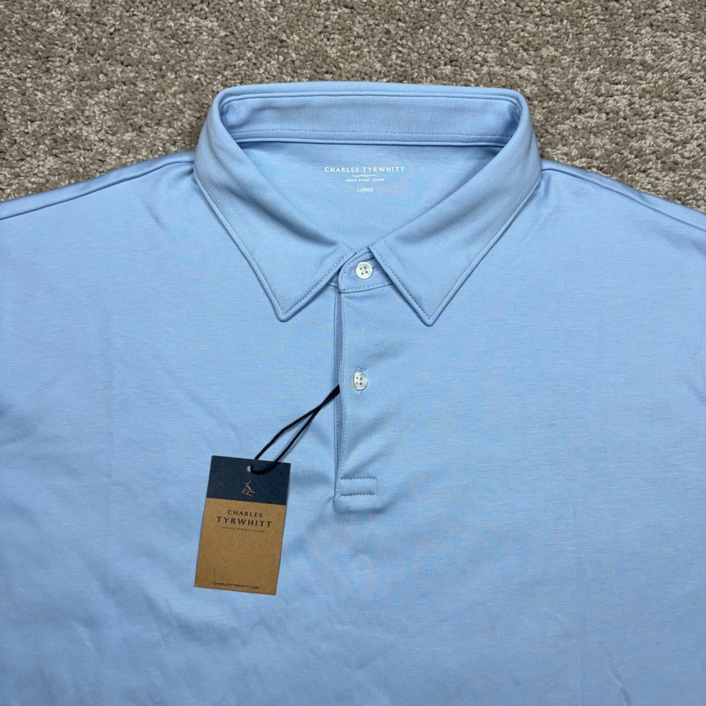 Charles Tyrwhitt Mens Sky Blue Plain Short Sleeve Jersey Polo Shirt Large NEW